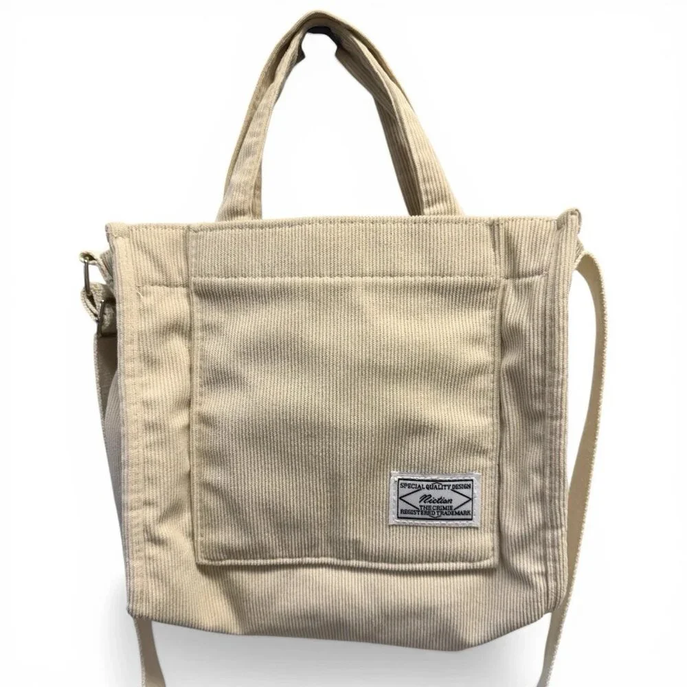 Canvas Corduroy Tote Bag Beige Snap Closure Pocket Adjustable Shoulder Strap